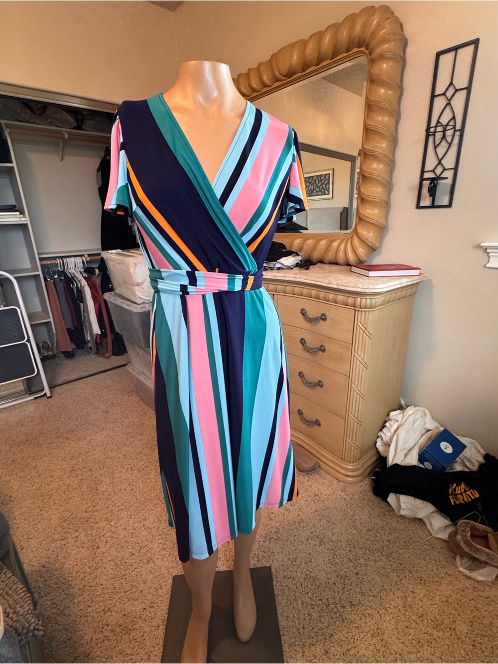 Donna Morgan Striped Wrap Midi Dress in Navy, Teal & Pink